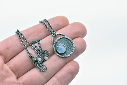 Small Rainbow Moonstone and Sterling Silver Necklace, Unique Artisan Silversmith Jewelry