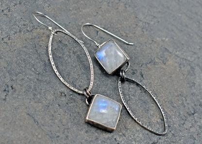 Rainbow Moonstone and Sterling Silver Statement Dangle Earrings, Artisan Silversmith Jewelry