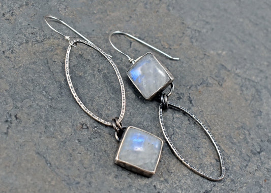 Rainbow Moonstone and Sterling Silver Statement Dangle Earrings, Artisan Silversmith Jewelry