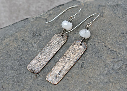 Moonstone Mixed Metal Artisan Earrings, Sterling Silver on Copper, Unique Jewelry