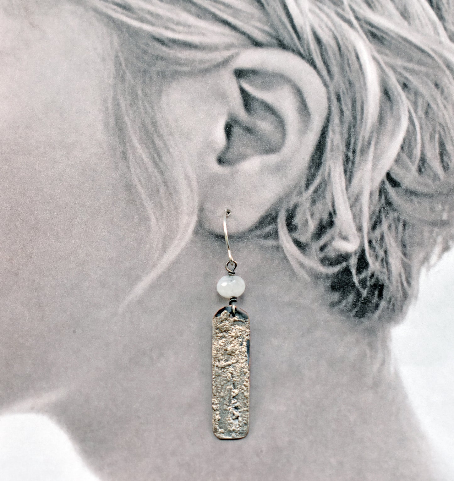 Moonstone Mixed Metal Artisan Earrings, Sterling Silver on Copper, Unique Jewelry