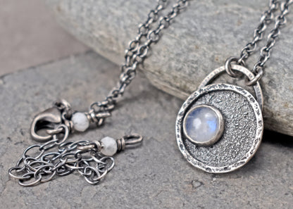 Small Rainbow Moonstone and Sterling Silver Necklace, Unique Artisan Silversmith Jewelry