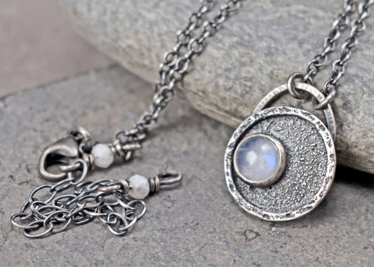 Small Rainbow Moonstone and Sterling Silver Necklace, Unique Artisan Silversmith Jewelry