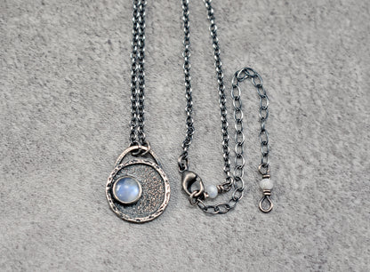 Small Rainbow Moonstone and Sterling Silver Necklace, Unique Artisan Silversmith Jewelry