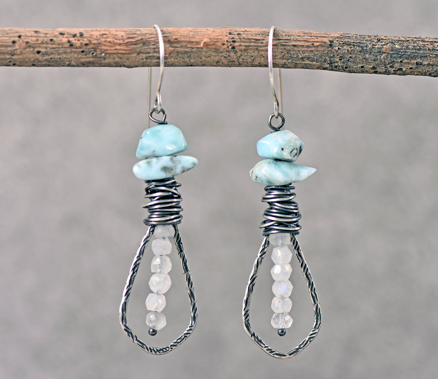 Larimar and Moonstone Earrings, Unique Sterling Silver Wire and Gemstone Dangles, Blue White Jewelry