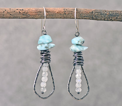 Larimar and Moonstone Earrings, Unique Sterling Silver Wire and Gemstone Dangles, Blue White Jewelry