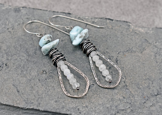 Larimar and Moonstone Earrings, Unique Sterling Silver Wire and Gemstone Dangles, Blue White Jewelry