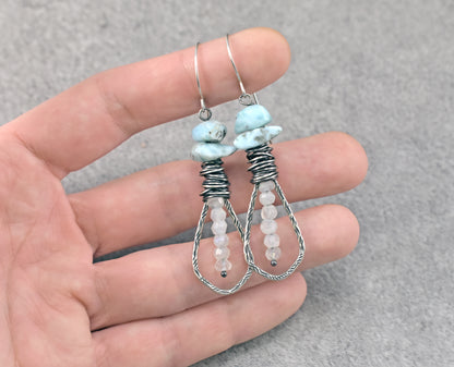 Larimar and Moonstone Earrings, Unique Sterling Silver Wire and Gemstone Dangles, Blue White Jewelry