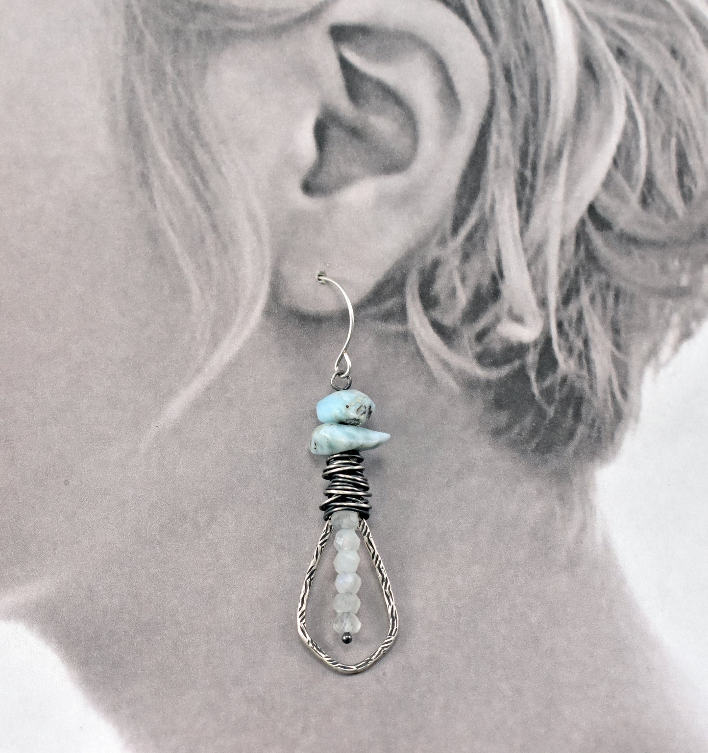 Larimar and Moonstone Earrings, Unique Sterling Silver Wire and Gemstone Dangles, Blue White Jewelry