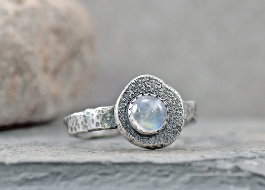 Rainbow Moonstone Ring Size 9.5, Organic Rustic Artisan Sterling Silver Jewelry