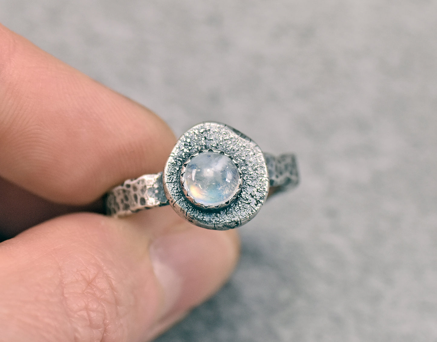 Rainbow Moonstone Ring Size 9.5, Organic Rustic Artisan Sterling Silver Jewelry