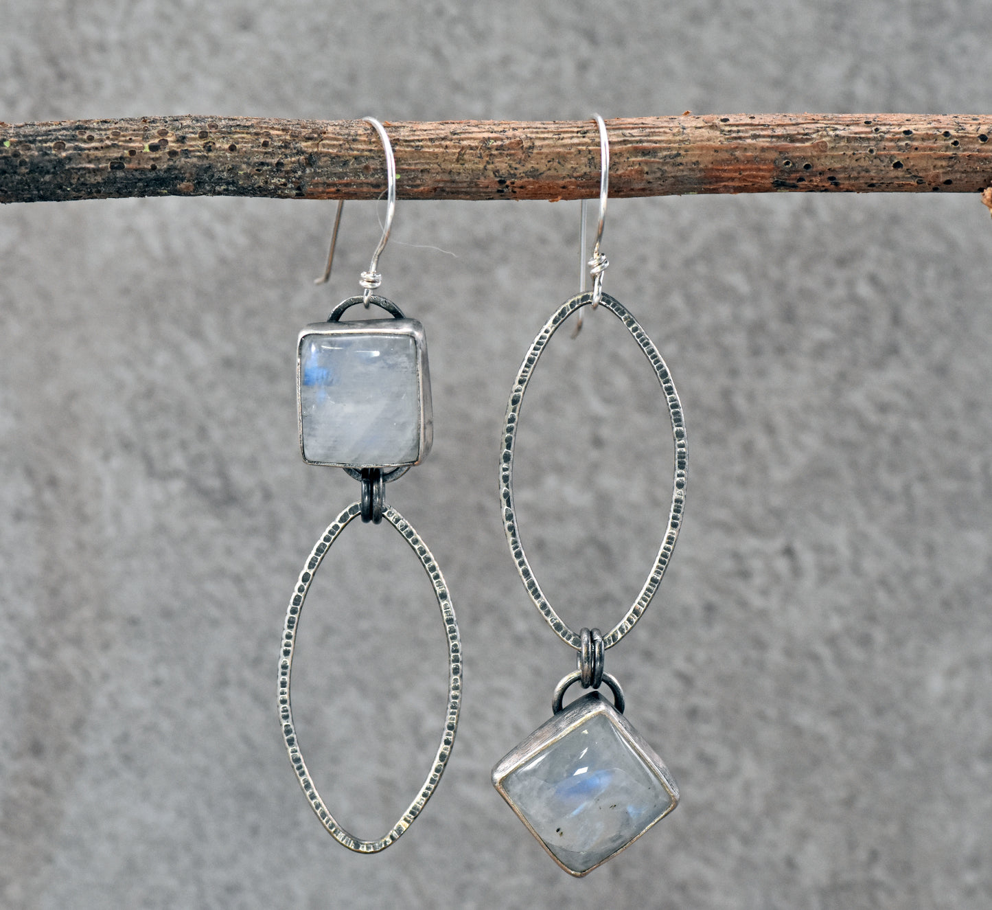 Rainbow Moonstone and Sterling Silver Statement Dangle Earrings, Artisan Silversmith Jewelry
