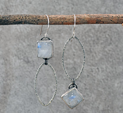 Rainbow Moonstone and Sterling Silver Statement Dangle Earrings, Artisan Silversmith Jewelry