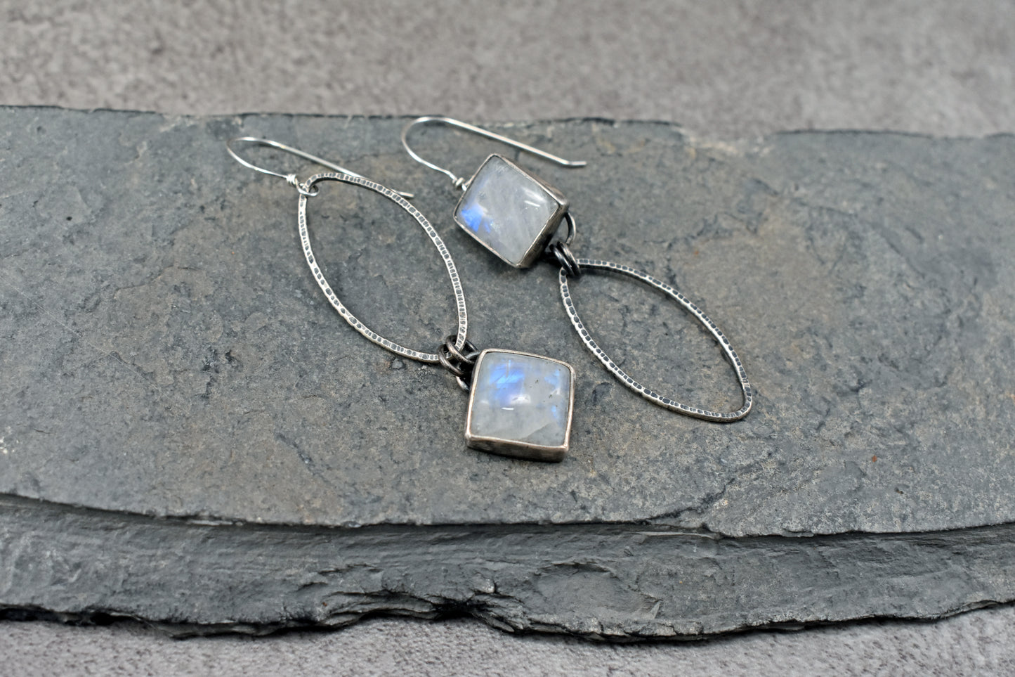 Rainbow Moonstone and Sterling Silver Statement Dangle Earrings, Artisan Silversmith Jewelry