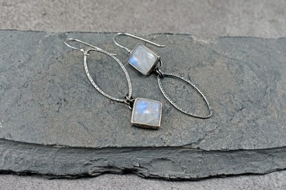 Rainbow Moonstone and Sterling Silver Statement Dangle Earrings, Artisan Silversmith Jewelry