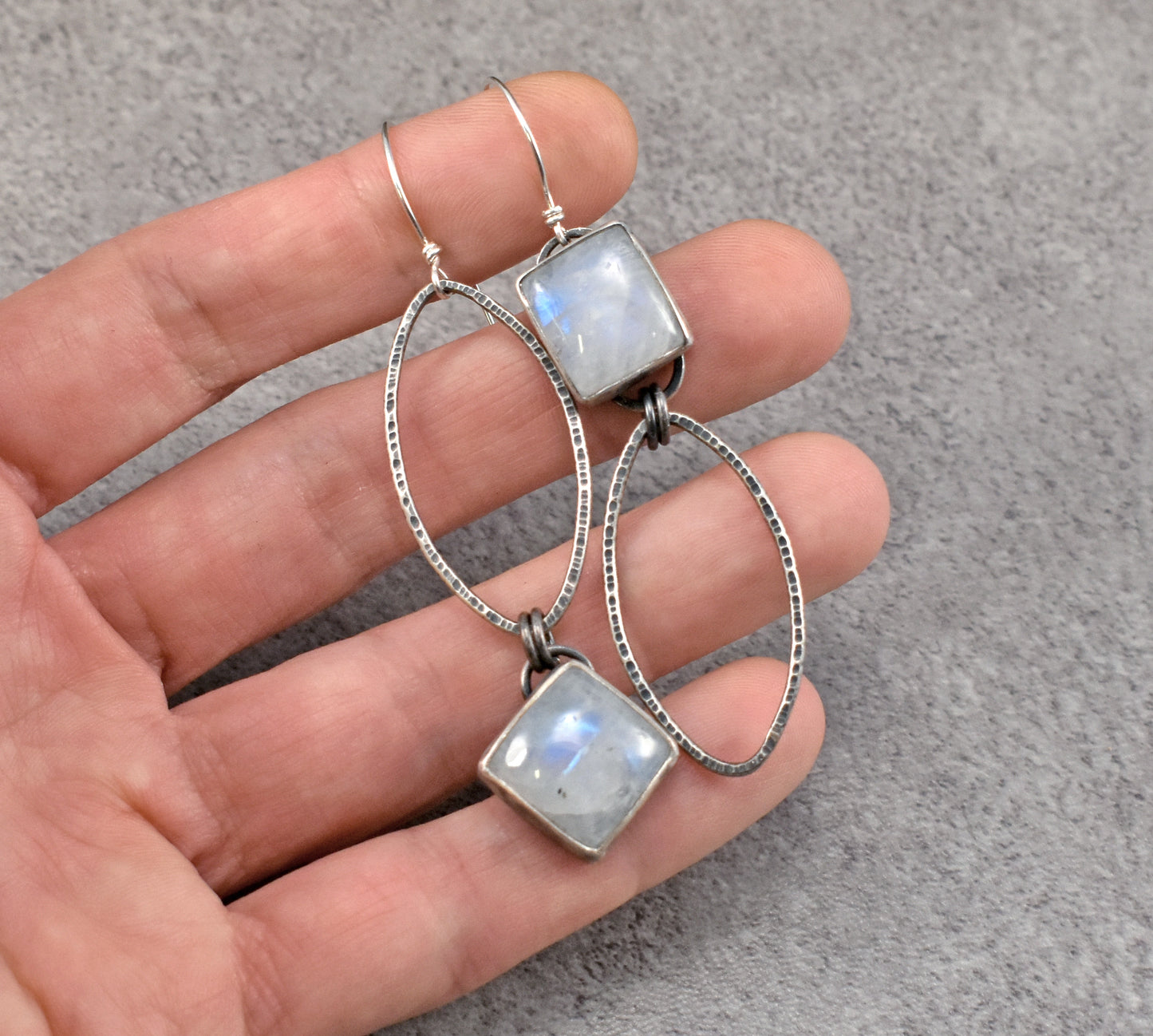 Rainbow Moonstone and Sterling Silver Statement Dangle Earrings, Artisan Silversmith Jewelry