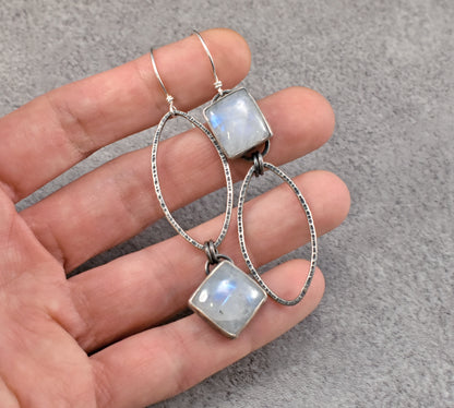 Rainbow Moonstone and Sterling Silver Statement Dangle Earrings, Artisan Silversmith Jewelry