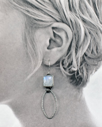 Rainbow Moonstone and Sterling Silver Statement Dangle Earrings, Artisan Silversmith Jewelry