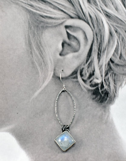 Rainbow Moonstone and Sterling Silver Statement Dangle Earrings, Artisan Silversmith Jewelry