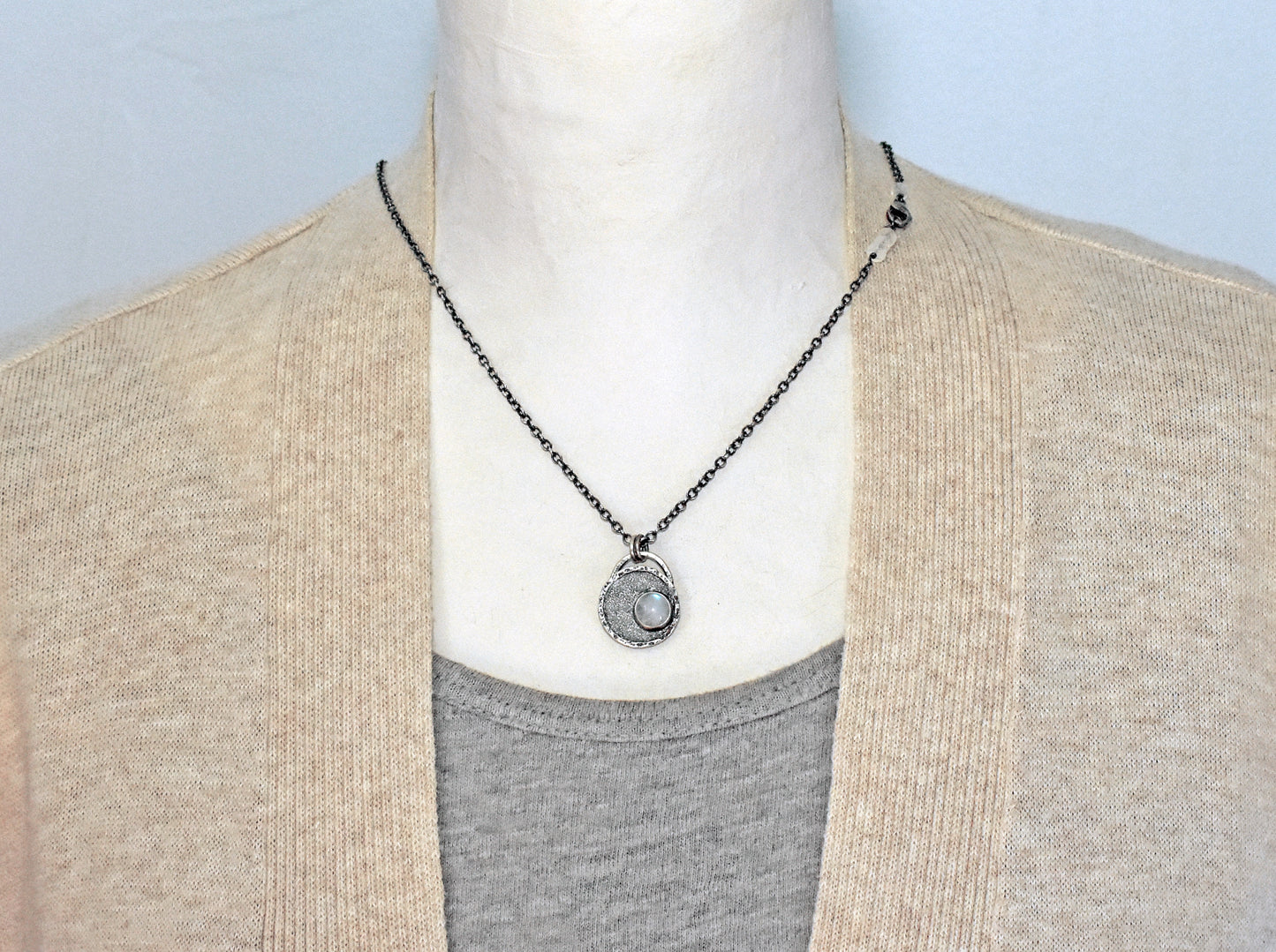Small Rainbow Moonstone and Sterling Silver Necklace