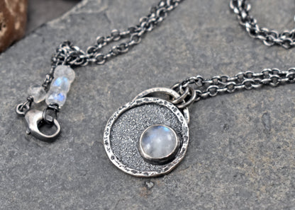 Small Rainbow Moonstone and Sterling Silver Necklace