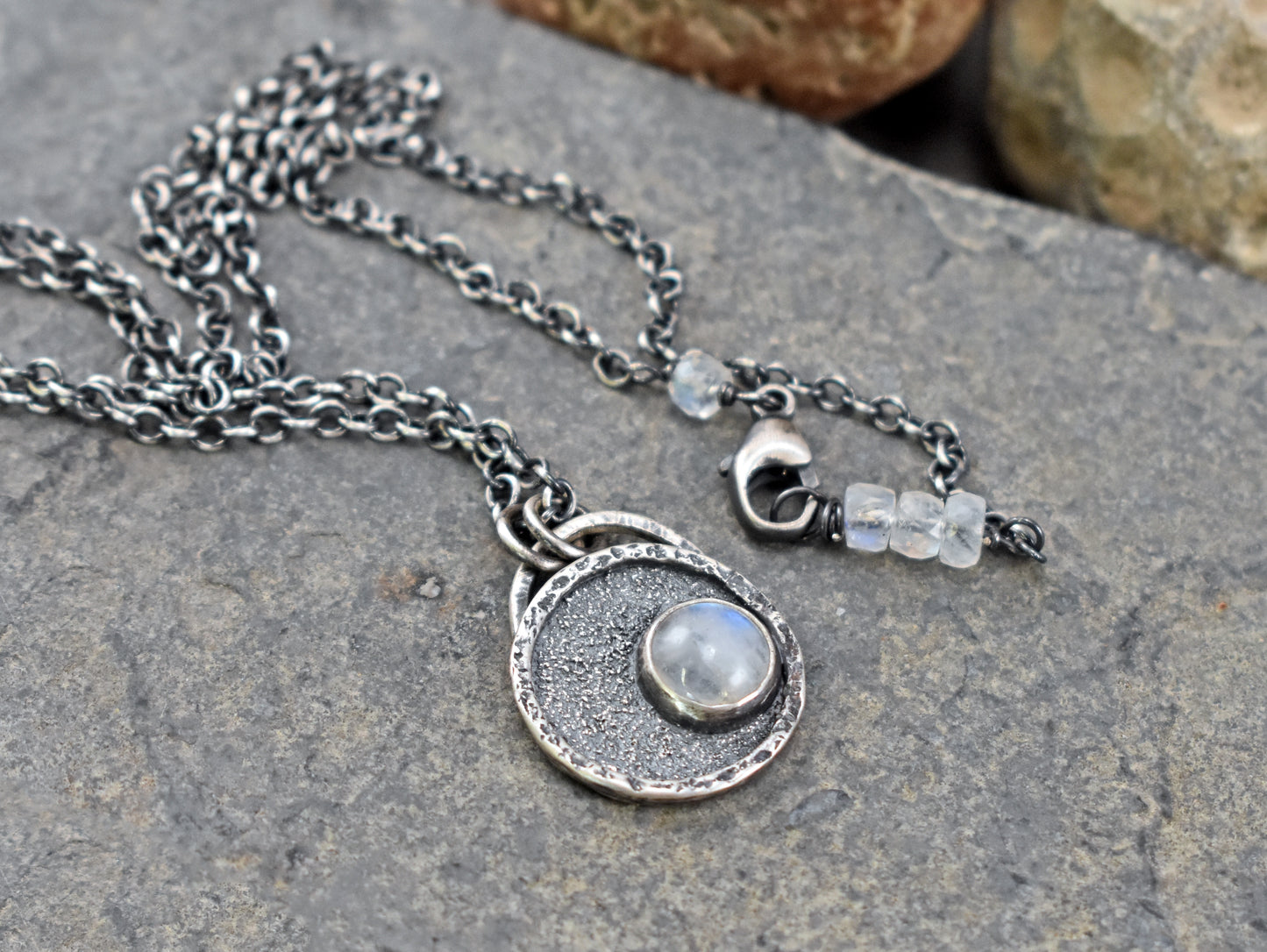 Small Rainbow Moonstone and Sterling Silver Necklace