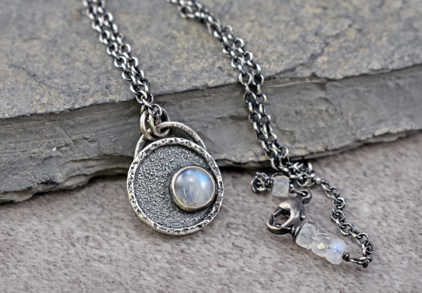 Small Rainbow Moonstone and Sterling Silver Necklace