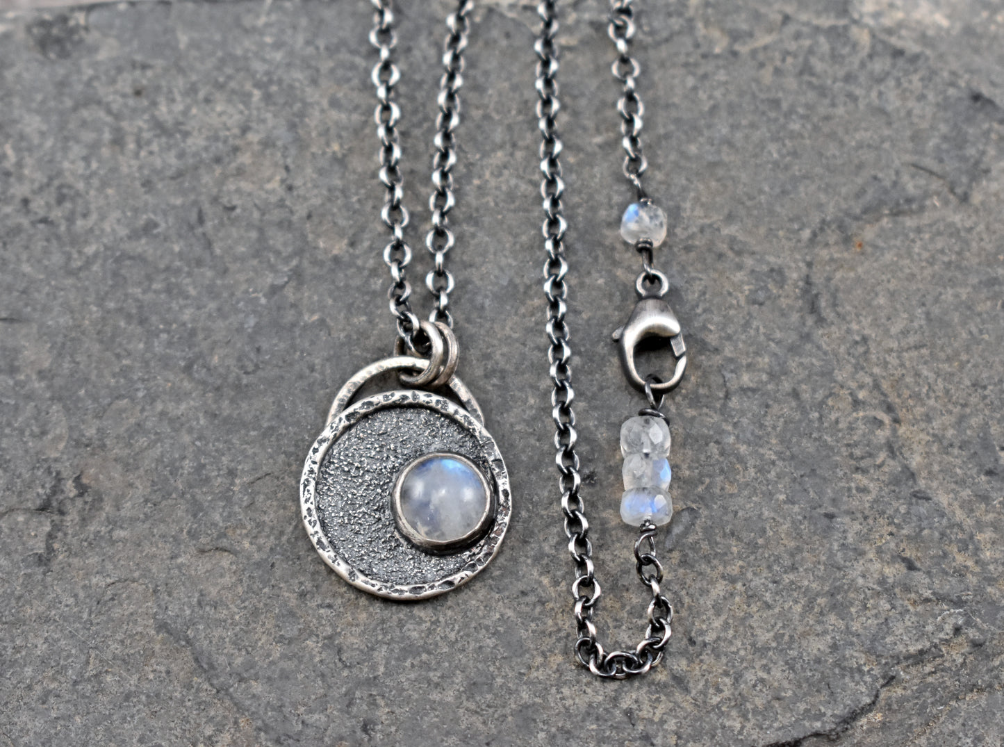 Small Rainbow Moonstone and Sterling Silver Necklace