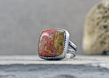 Moroccan Seam Agate Split Band Sterling Silver Ring, Size 6.75, Handmade Silversmith Jewelry