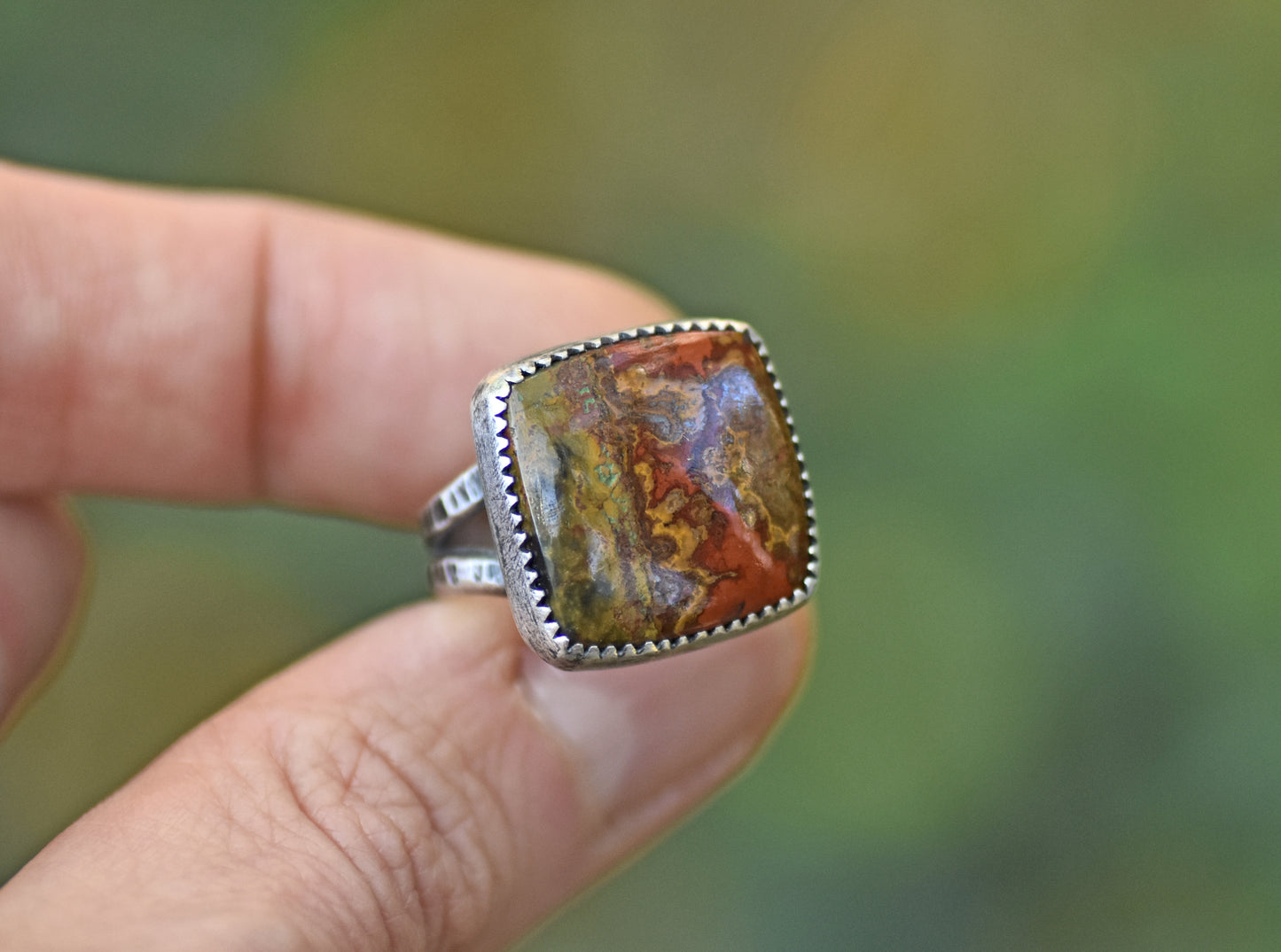 Moroccan Seam Agate Split Band Sterling Silver Ring, Size 6.75, Handmade Silversmith Jewelry