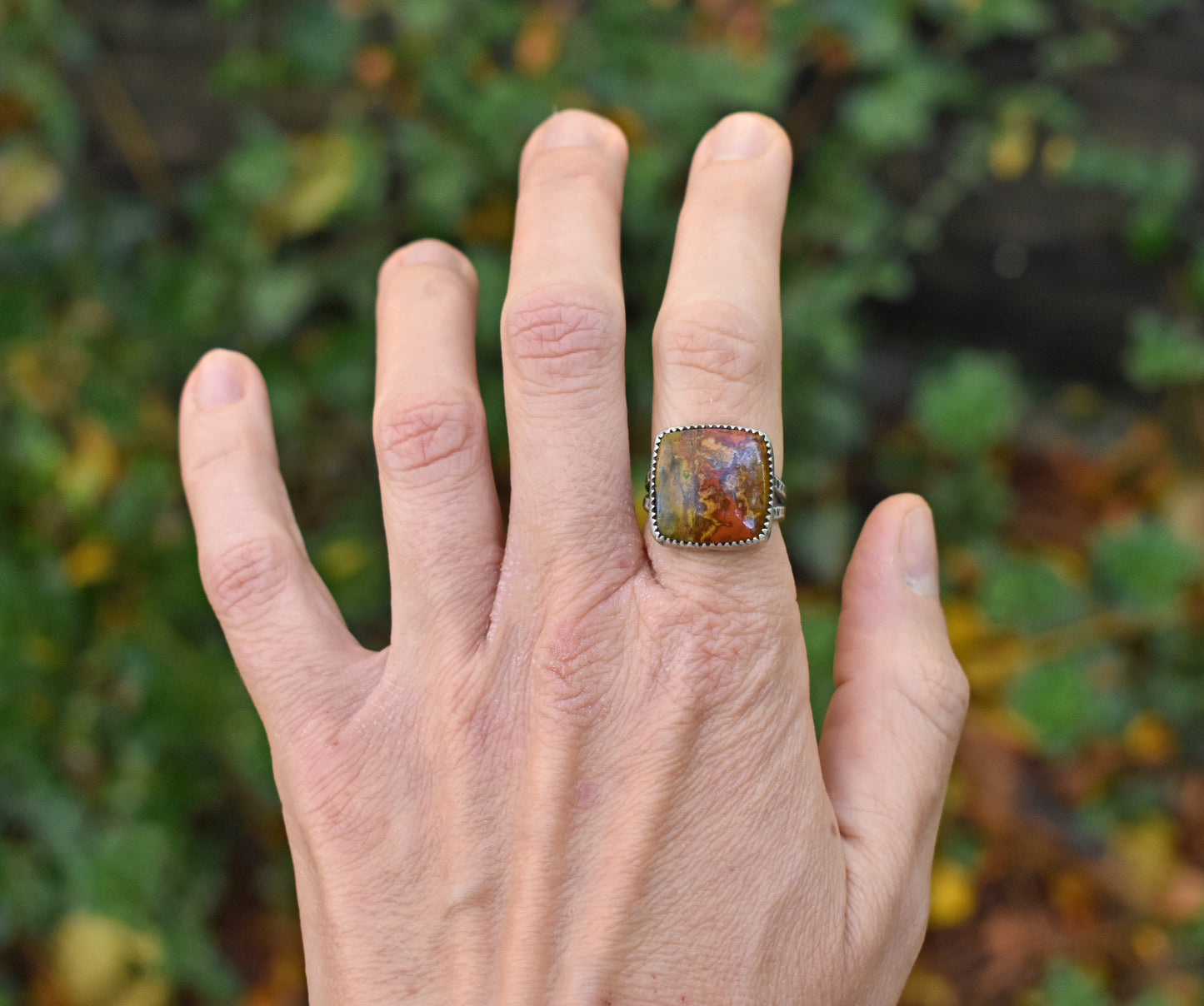 Moroccan Seam Agate Split Band Sterling Silver Ring, Size 6.75, Handmade Silversmith Jewelry