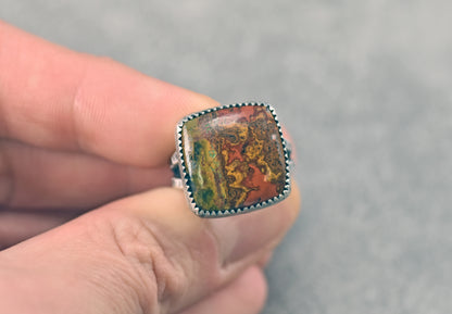 Moroccan Seam Agate Split Band Sterling Silver Ring, Size 6.75, Handmade Silversmith Jewelry