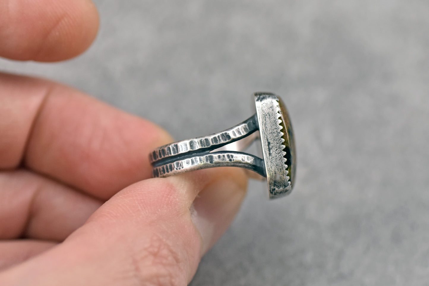 Moroccan Seam Agate Split Band Sterling Silver Ring, Size 6.75, Handmade Silversmith Jewelry