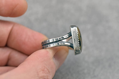 Moroccan Seam Agate Split Band Sterling Silver Ring, Size 6.75, Handmade Silversmith Jewelry