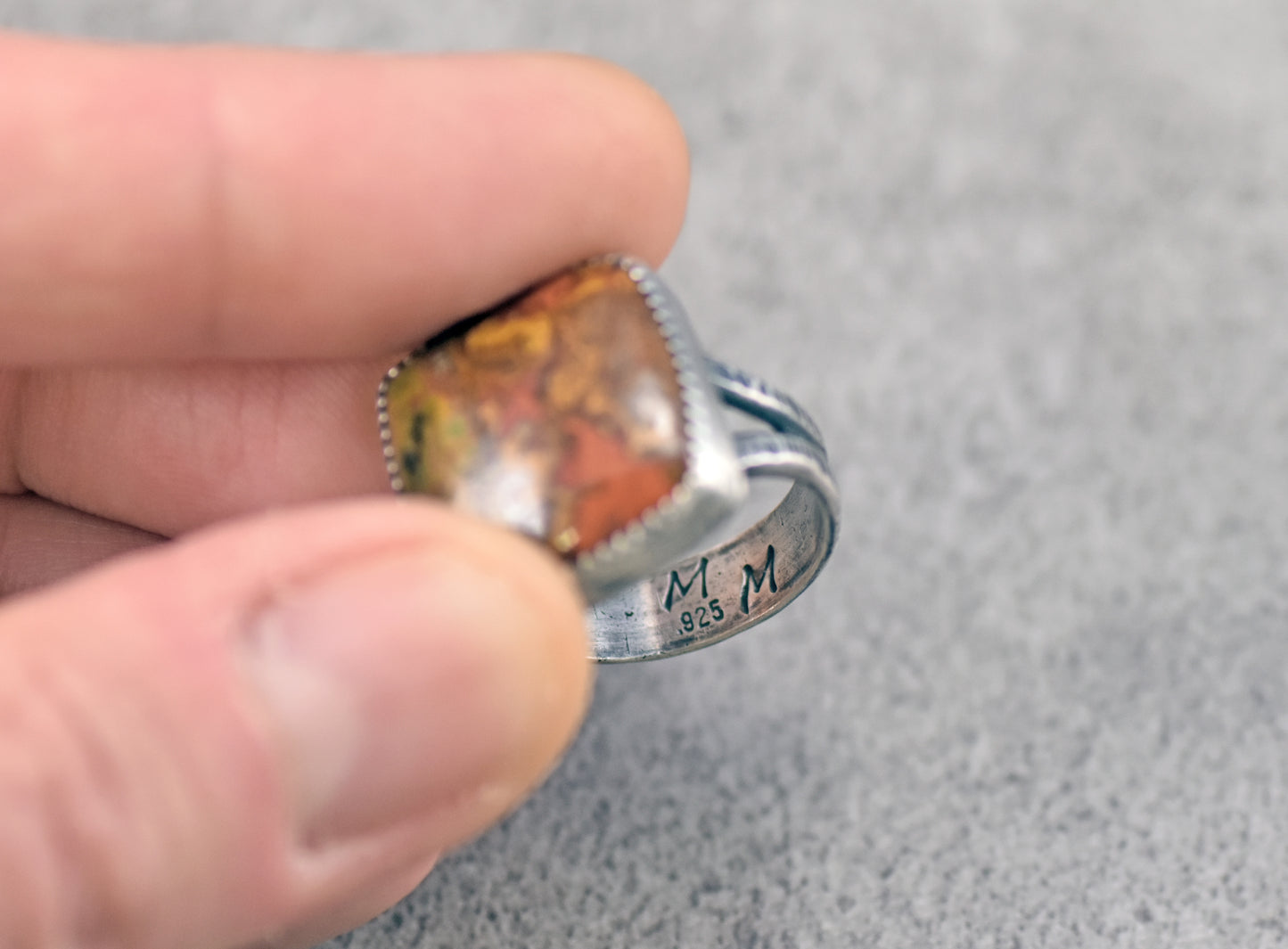 Moroccan Seam Agate Split Band Sterling Silver Ring, Size 6.75, Handmade Silversmith Jewelry