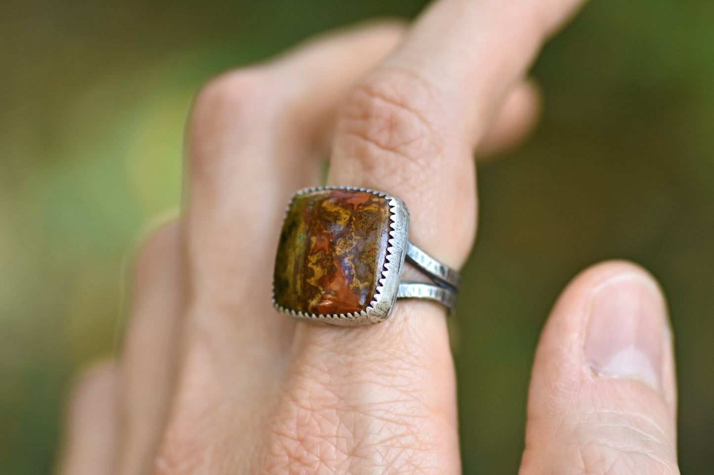 Moroccan Seam Agate Split Band Sterling Silver Ring, Size 6.75, Handmade Silversmith Jewelry