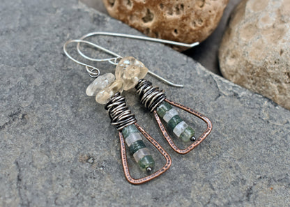 Moss Agate and Citrine Mixed Metal Earrings, Copper and Sterling Silver Gemstone Jewelry