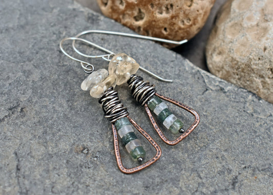 Moss Agate and Citrine Mixed Metal Earrings, Copper and Sterling Silver Gemstone Jewelry