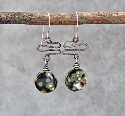 Ocean Jasper Mixed Metal Earrings, Unique Green Stone and Copper Wire Jewelry