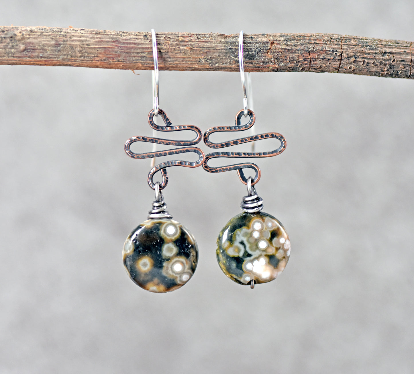 Ocean Jasper Mixed Metal Earrings, Unique Green Stone and Copper Wire Jewelry