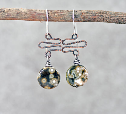 Ocean Jasper Mixed Metal Earrings, Unique Green Stone and Copper Wire Jewelry