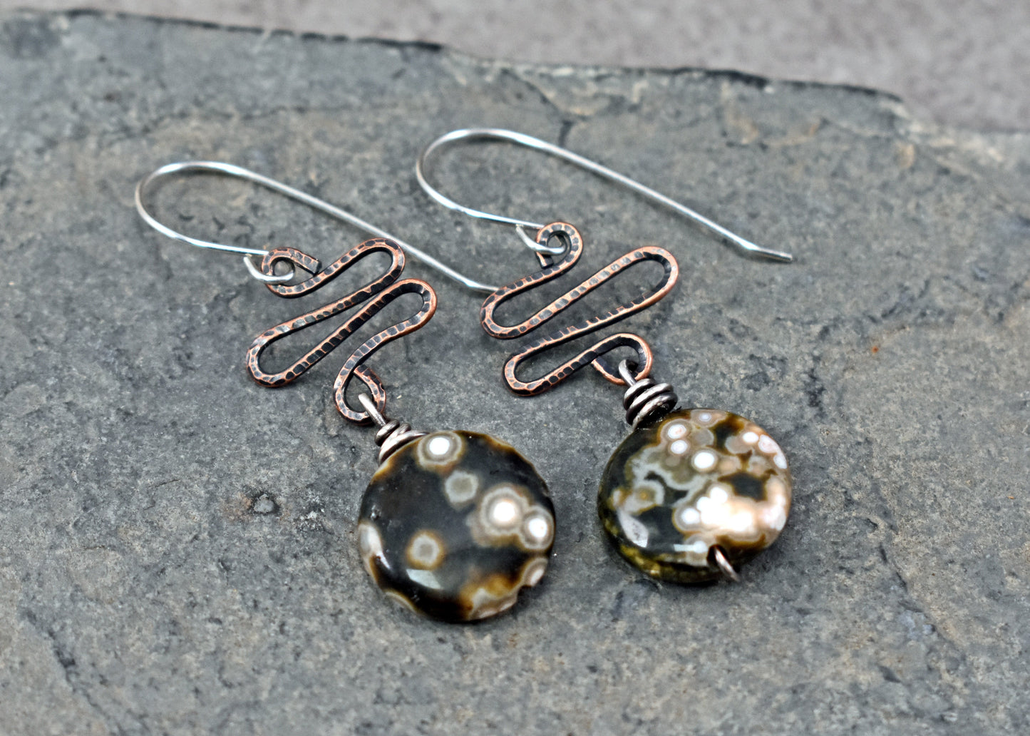 Ocean Jasper Mixed Metal Earrings, Unique Green Stone and Copper Wire Jewelry