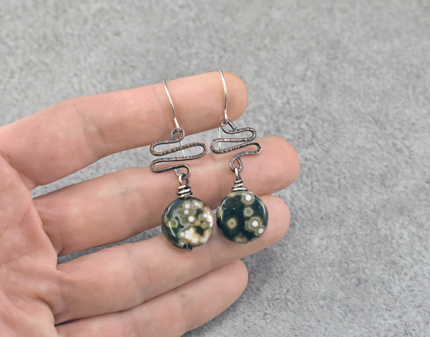 Ocean Jasper Mixed Metal Earrings, Unique Green Stone and Copper Wire Jewelry