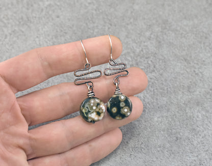 Ocean Jasper Mixed Metal Earrings, Unique Green Stone and Copper Wire Jewelry
