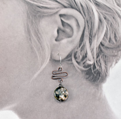 Ocean Jasper Mixed Metal Earrings, Unique Green Stone and Copper Wire Jewelry