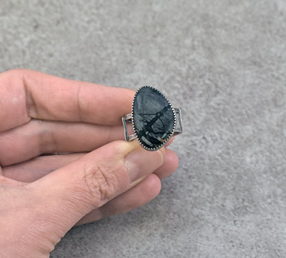 Picasso Jasper and Sterling Silver Wide Band Statement Ring, Size 8.25