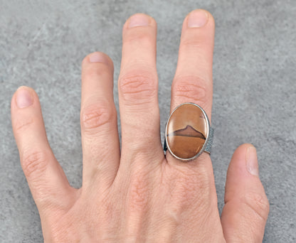 Picture Jasper Wide Band Sterling Silver Ring, Size 8.25, Unique Rustic Handmade Mountain Jewelry
