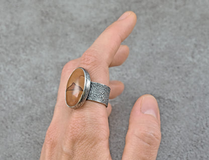 Picture Jasper Wide Band Sterling Silver Ring, Size 8.25, Unique Rustic Handmade Mountain Jewelry