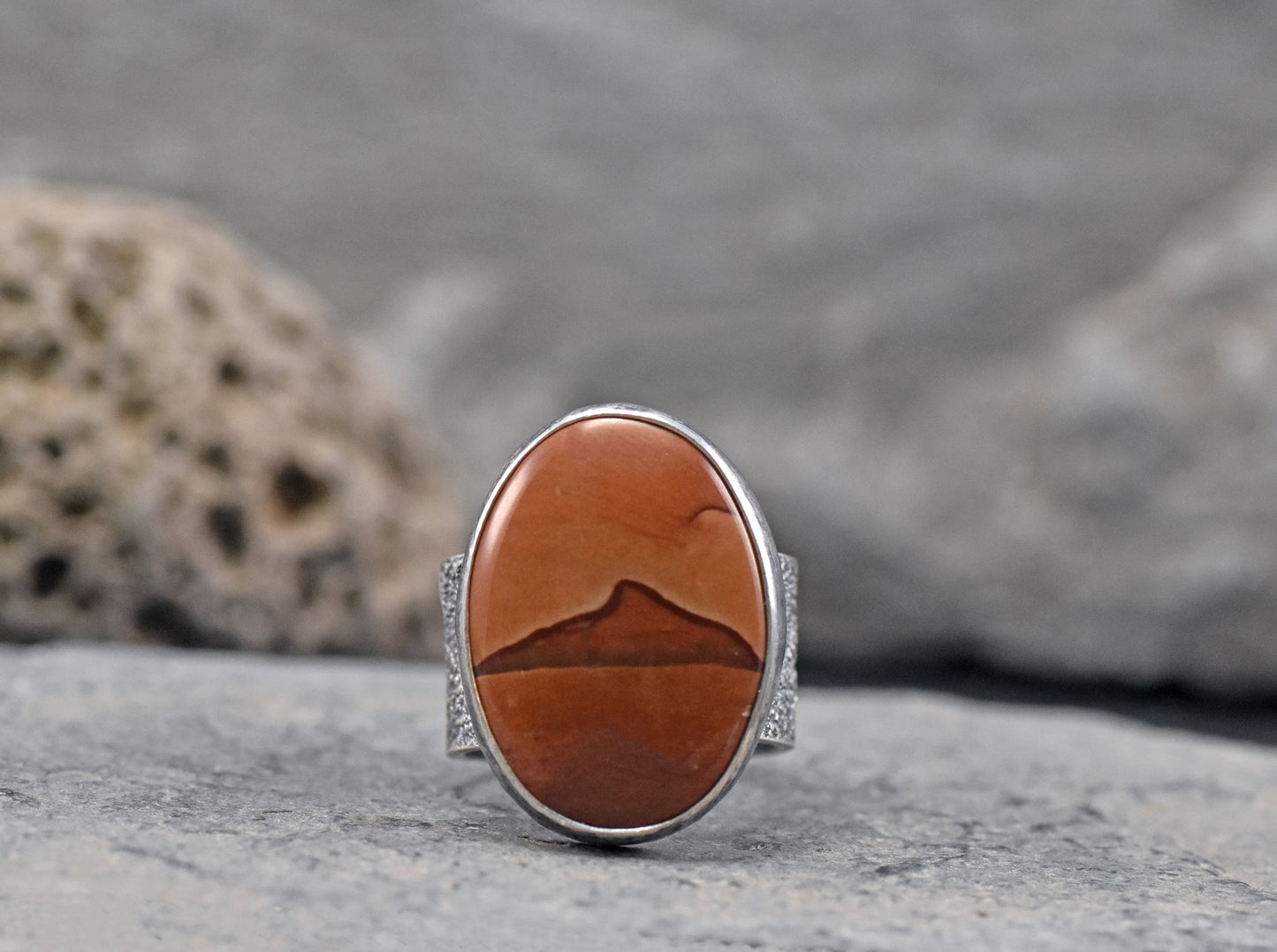 Picture Jasper Wide Band Sterling Silver Ring, Size 8.25, Unique Rustic Handmade Mountain Jewelry