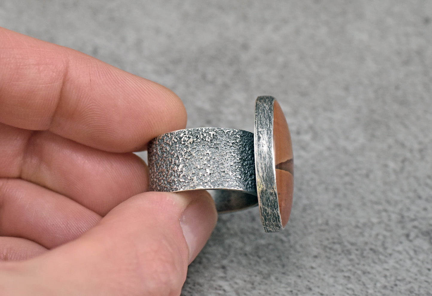 Picture Jasper Wide Band Sterling Silver Ring, Size 8.25, Unique Rustic Handmade Mountain Jewelry